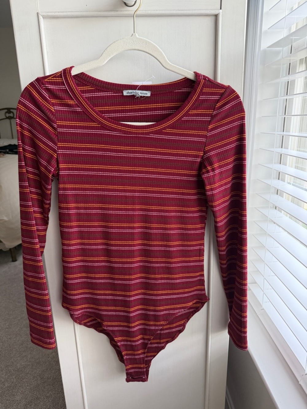 Charlotte Russe Burgundy Striped Ribbed Long Sleeve Bodysuit